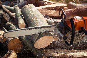 A person uses a chainsaw to cut a log, with sawdust flying and stacked wood in the background.